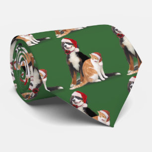 Katze u. Hund mit Weihnachtsmannmützen Krawatte