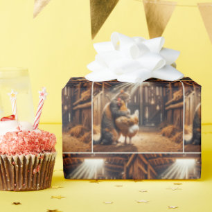 Katze umarmt ein Hühnchen auf einer Farm Geschenkpapier