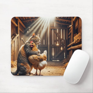 Katze umarmt ein Hühnchen auf einer Farm Mousepad