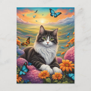 Katze umgeben von Blume und Schmetterlingen Postkarte