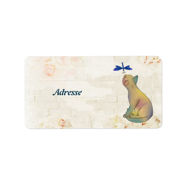 Katze und blaue Libelle Adressaufkleber (Vorne)