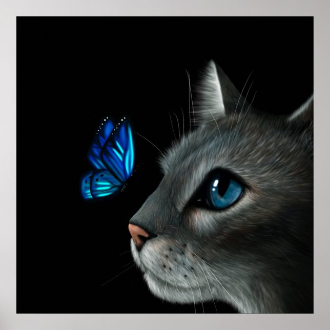 Katze und Blauer Schmetterling Poster (Vorne)