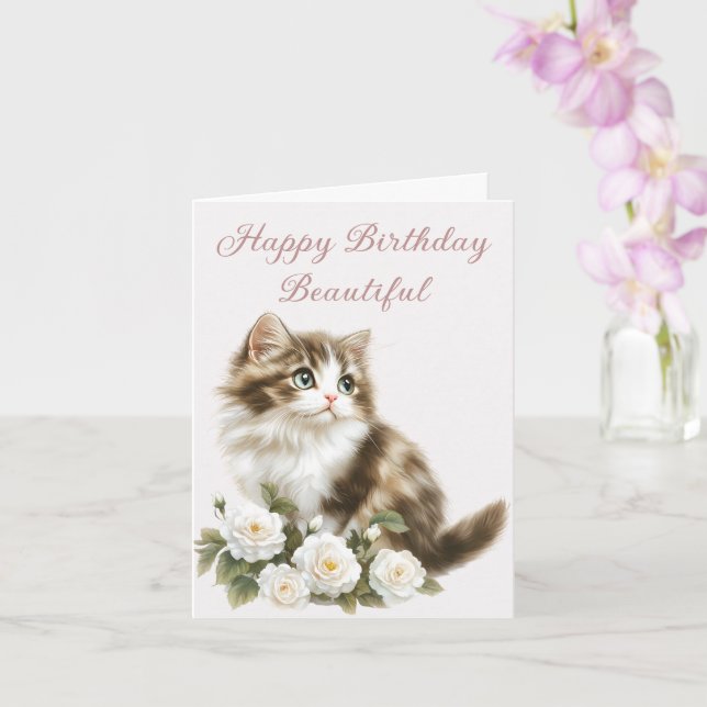 Katze und Blume Happy Birthday Wish Karte (Orchidee)