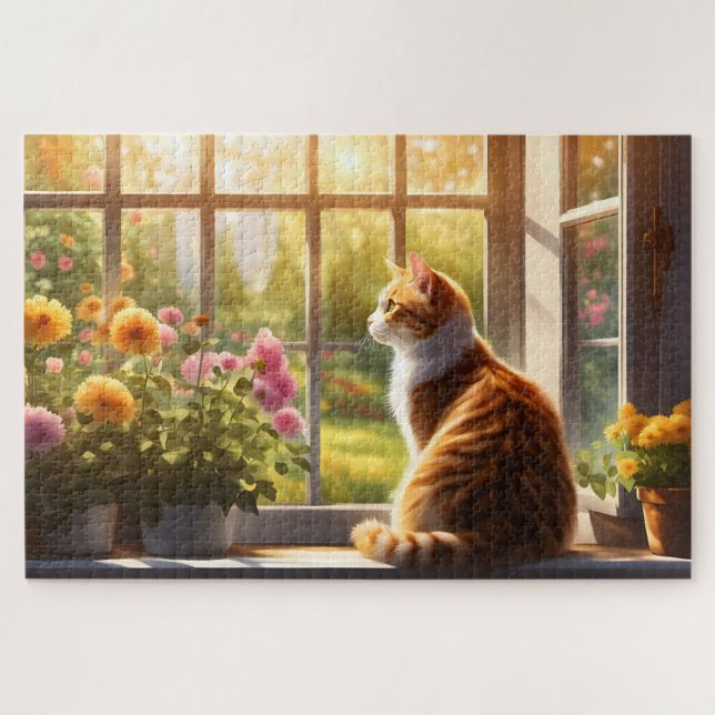 Katze und Blume im sonnigen Fenster Puzzle (Horizontal)