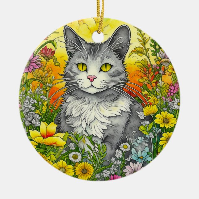 Katze und Blume Keramik Ornament (Vorne)