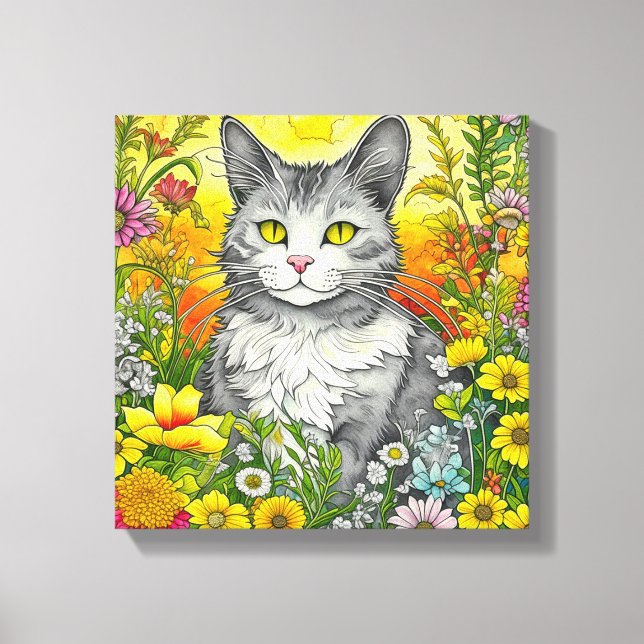 Katze und Blume Leinwanddruck (Vorderseite)