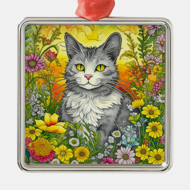Katze und Blume Ornament Aus Metall (Vorne)