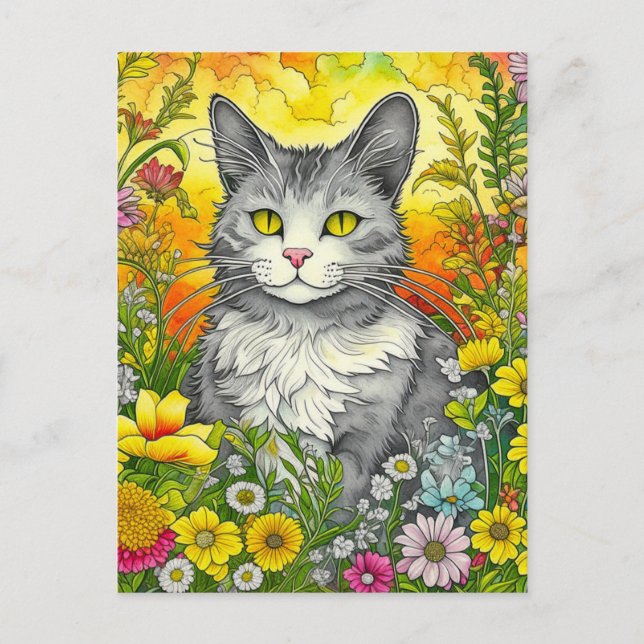 Katze und Blume Postkarte (Vorderseite)