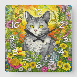 Katze und Blume Quadratische Wanduhr