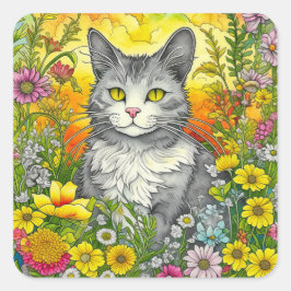 Katze und Blume Quadratischer Aufkleber