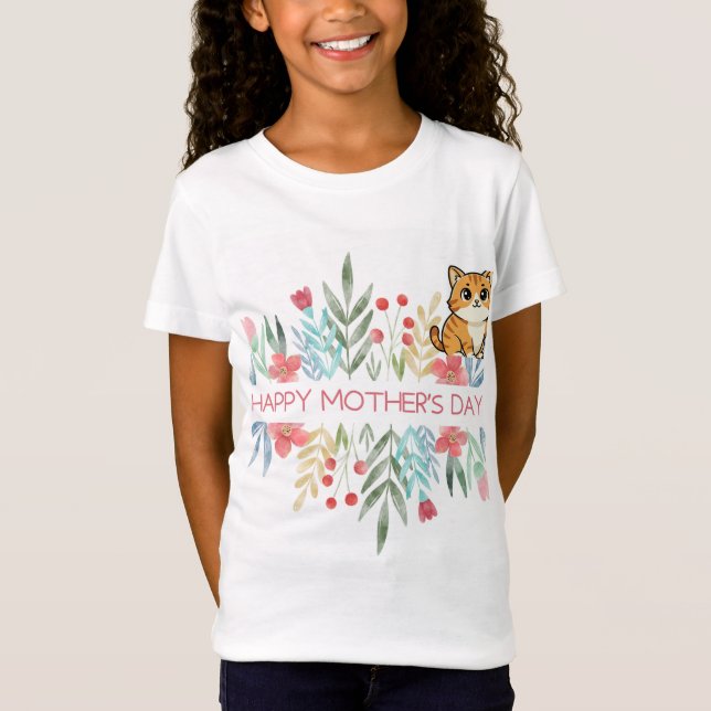 Katze und Blumen Design T-Shirt (Vorderseite)