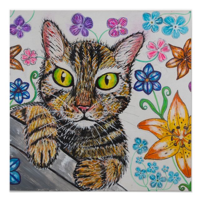 Katze und Blumen Hintergrundplakat  Poster (Vorderseite)