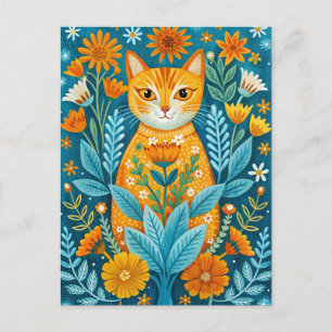 Katze und Blumen im Volkskunststil orange und blau Postkarte