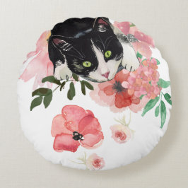 Katze und Blumen rundes Throw-Kissen (16") Kissen
