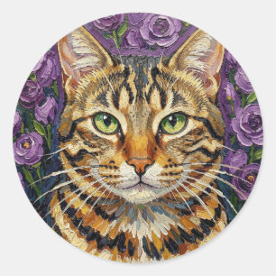 Katze und Blumen   Süße künstlerische Graue Tabbyk Runder Aufkleber