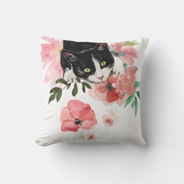 Katze und Blumen, Throw-Kissen 16" x 16" Kissen (Vorderseite)