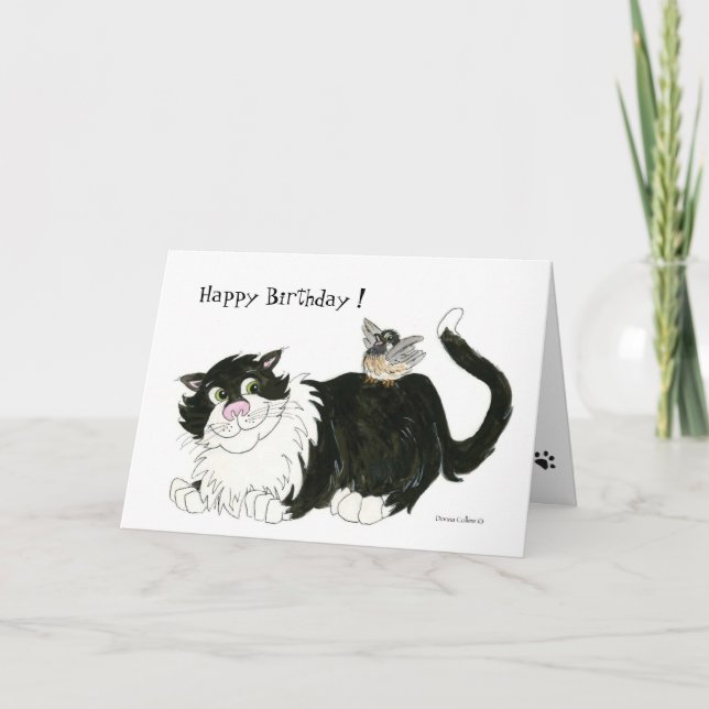 Katze und Chickadee Geburtstagskarte Karte (Vorderseite)