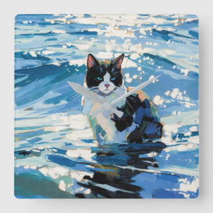 Katze und der Ozean (#1) Quadratische Wanduhr