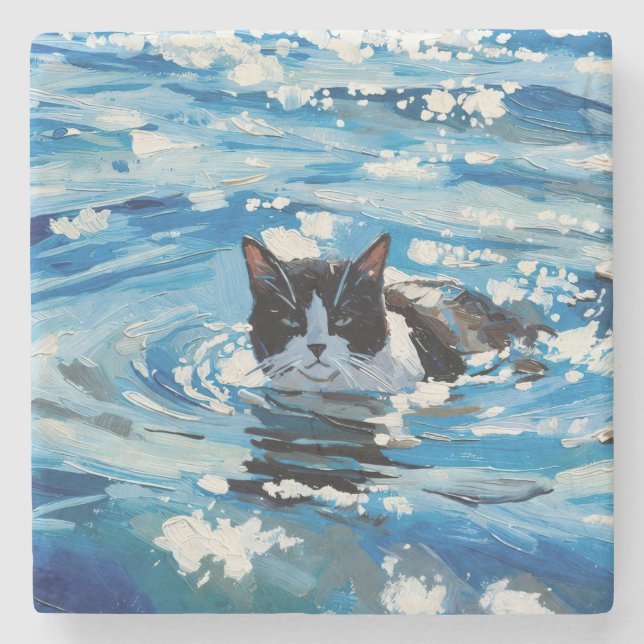Katze und der Ozean (#4) Steinuntersetzer (Vorderseite)