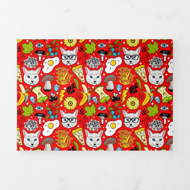 Katze und Ei in Rot Dreifach Gefaltete Einladung (Cover)