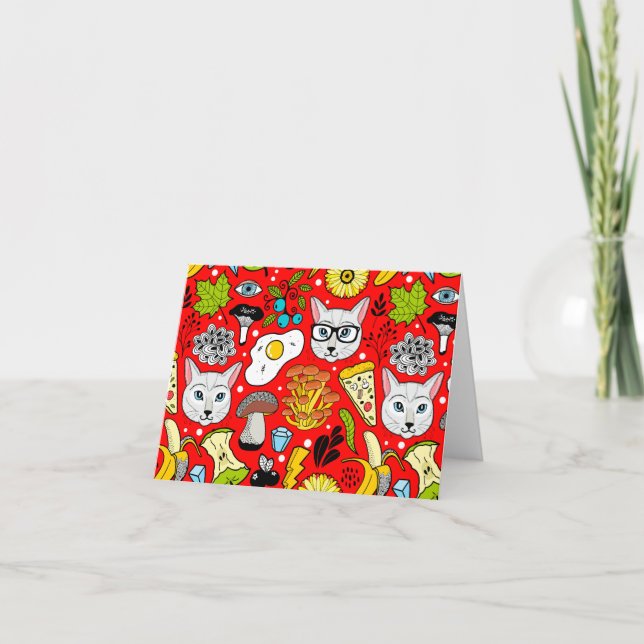 Katze und Ei in Rot Feiertagskarte (Vorderseite)