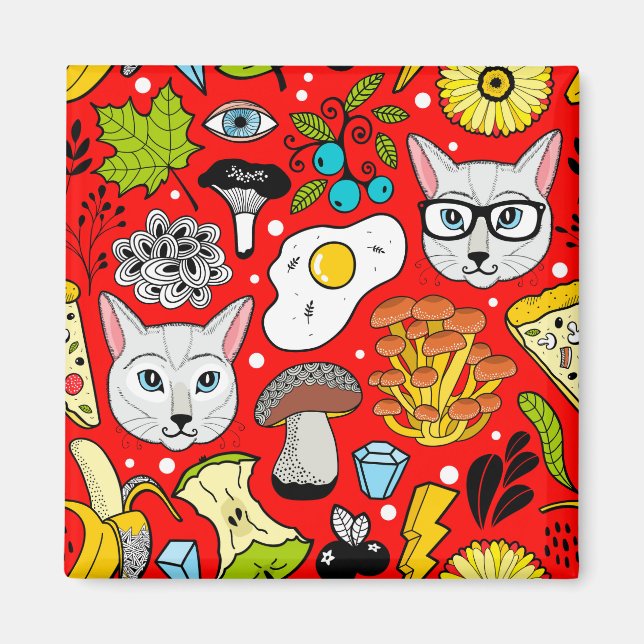 Katze und Ei in Rot Magnet (Vorne)