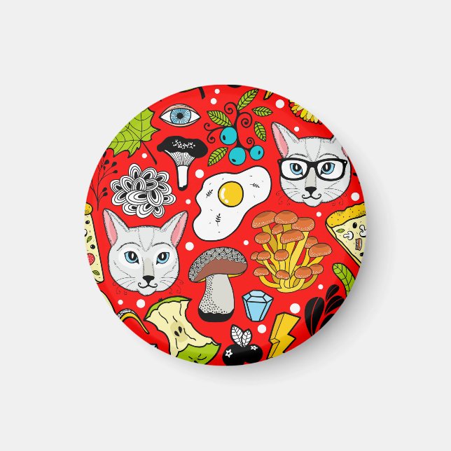 Katze und Ei in Rot Magnet (Vorne)