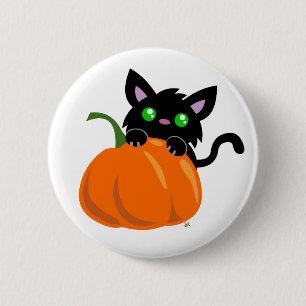 Katze und ein Kürbis-Knopf Button