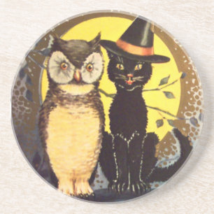 Katze und Eule Vintage-Halloween-Getränkeuntersetz Getränkeuntersetzer