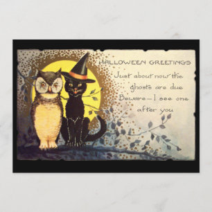 Katze und Eule Vintage Halloween-Party-Einladung Einladung