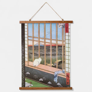 Katze und Fuji, Hiroshige, Ukiyo-e Wandteppich Mit Holzrahmen