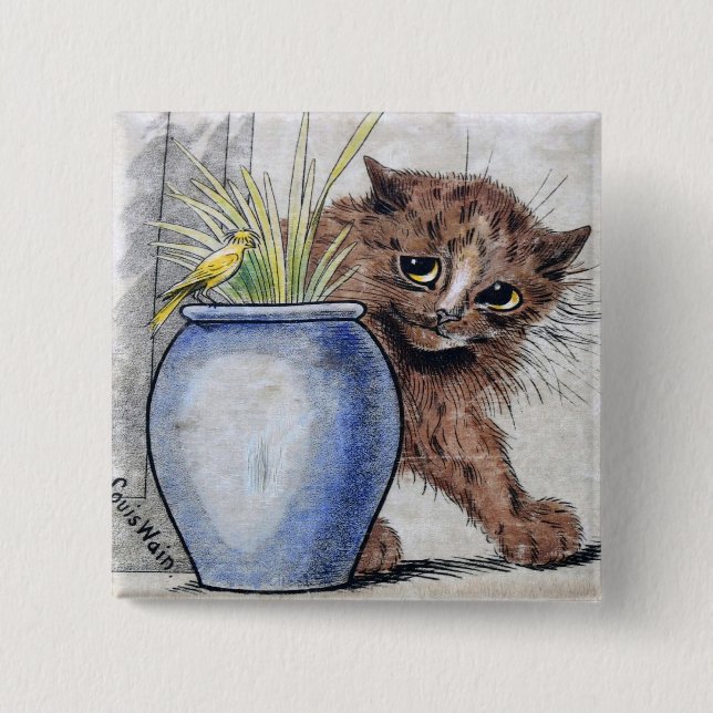 Katze und gelber kleiner Vogel, Louis Wain Button (Vorderseite)