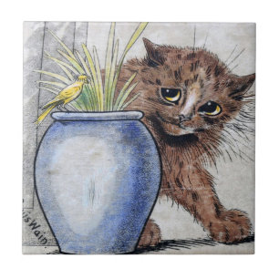 Katze und gelber kleiner Vogel, Louis Wain Fliese