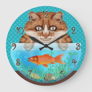 Katze und Goldfish Bowl Hunger Grinning Kitty Große Wanduhr