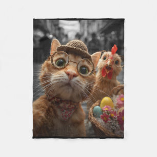 Katze und Huhn Selfie Lustige Vintage-Osterhasen Fleecedecke