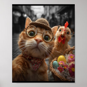 Katze und Huhn Selfie Lustige Vintage-Osterhasen Poster