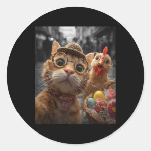 Katze und Huhn Selfie Lustige Vintage-Osterhasen Runder Aufkleber