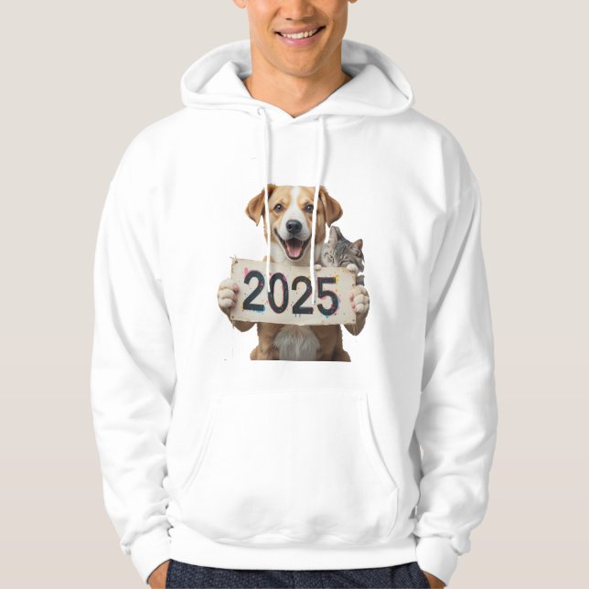 Katze und Hund, die das Plakat 2025 halten Hoodie (Vorderseite)