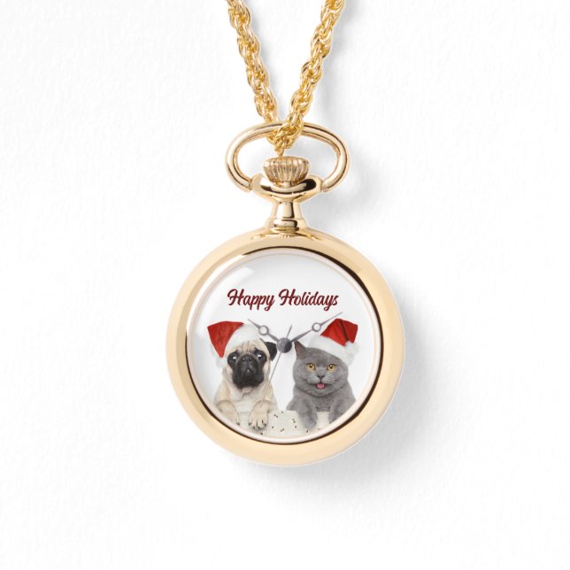 Katze und Hund frohe Weihnachten glückliche Weihna Armbanduhr (Vorderseite)
