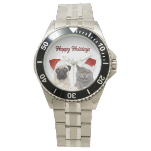 Katze und Hund frohe Weihnachten glücklichen Urlau Armbanduhr