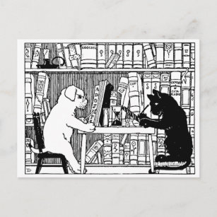 Katze und Hund in der Bibliothek Postkarte