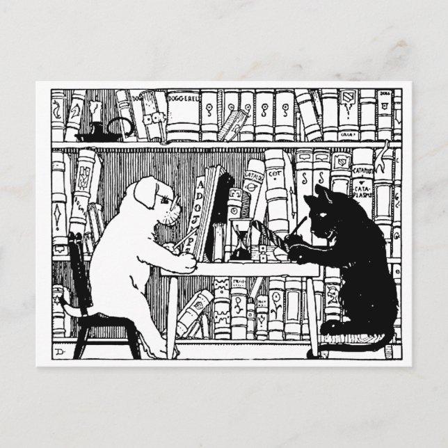 Katze und Hund in der Bibliothek Postkarte (Vorderseite)