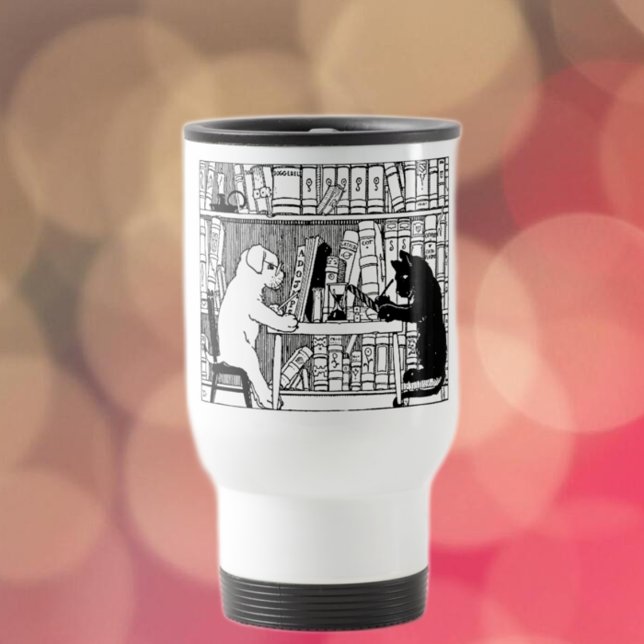 Katze und Hund in der Bibliothek Reisebecher (Von Creator hochgeladen)