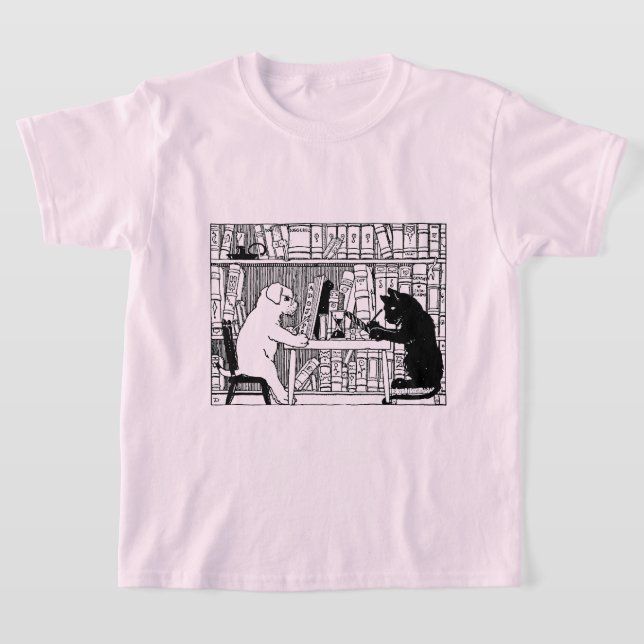 Katze und Hund in der Bibliothek T-Shirt (Ablage )
