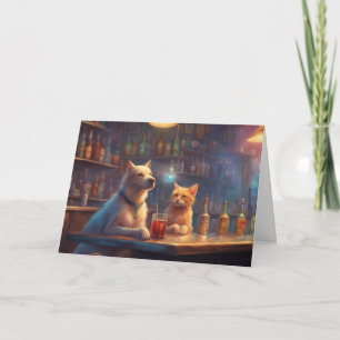 Katze und Hund in einem Bar, die Dinge zum Geburts Karte