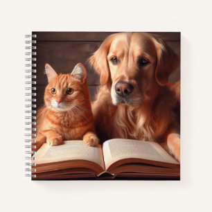 Katze und Hund lesen ein Buch