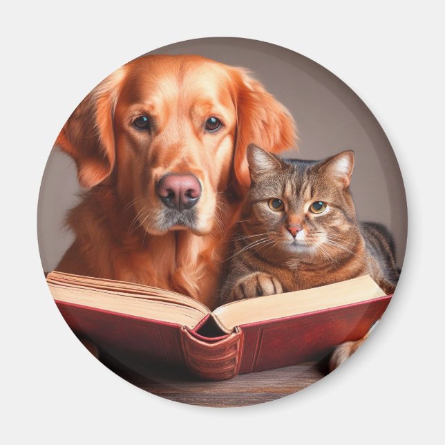 Katze und Hund lesen ein Buch Magnet (Vorne)