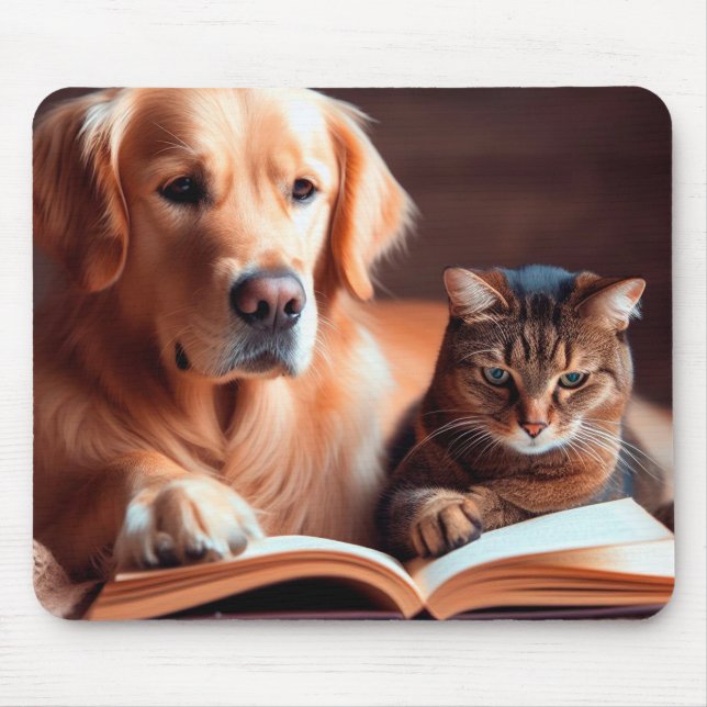 Katze und Hund lesen ein Buch Mousepad (Vorne)