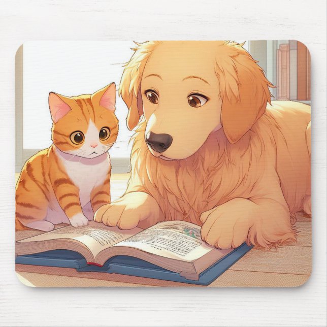Katze und Hund lesen ein Buch Mousepad (Vorne)