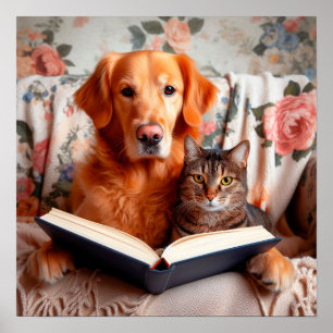 Katze und Hund lesen ein Buch Poster